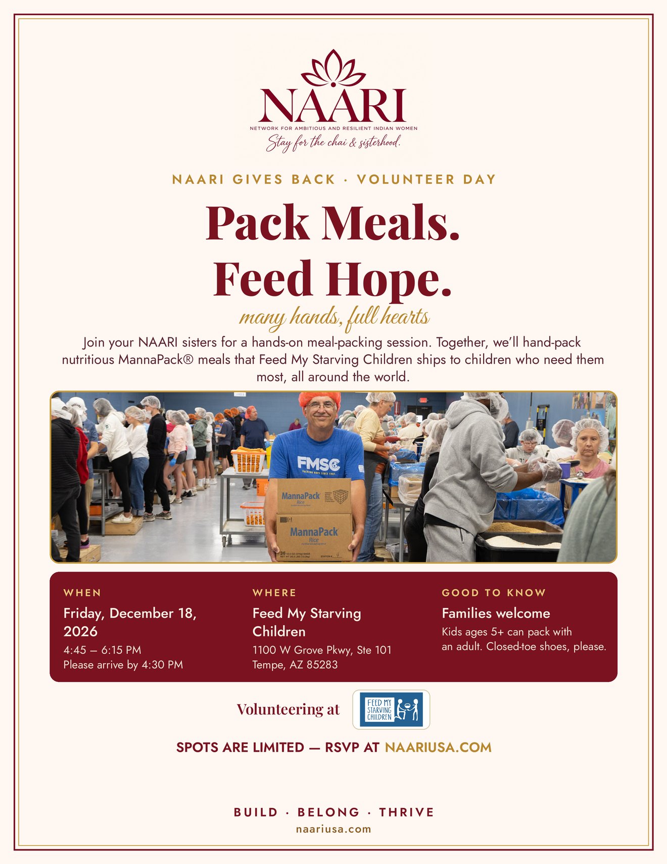 Official flyer for NAARI Gives Back, a volunteer day at Feed My Starving Children